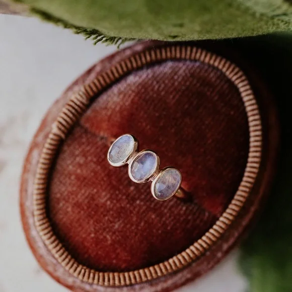 Genuine Natural Labradorite Triple Stone Sterling Silver 14k Gold Ring - Picture 5 of 5